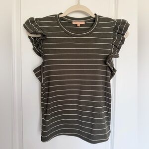 EVOLUTIONARY | Romantic/Classic Olive Striped Ruffle Cap Sleeve Top in Size M